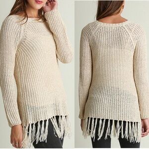 Umgee USA Boho Chunky Knit Sweater with Fringed Hemline Size S